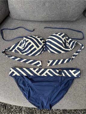 Skye Swimwear Navy and White Striped Bandeau Bikini Top SM Bottom see photos
